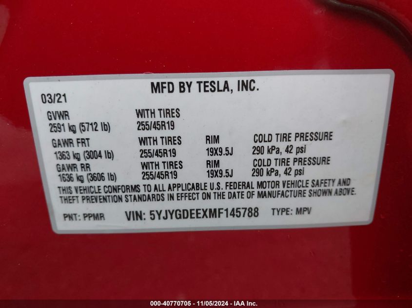 2021 Tesla Model Y Long Range Dual Motor All-Wheel Drive VIN: 5YJYGDEEXMF145788 Lot: 40770705