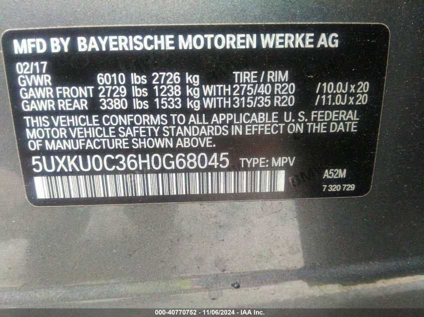 VIN 5UXKU0C36H0G68045 2017 BMW X6, Sdrive35I no.9