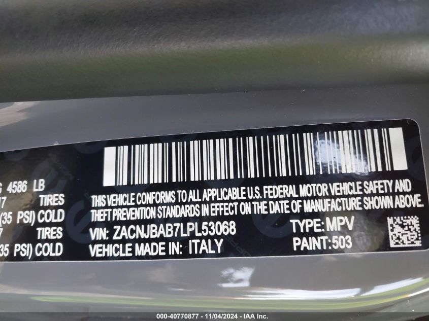 2020 Jeep Renegade Upland 4X4 VIN: ZACNJBAB7LPL53068 Lot: 40770877