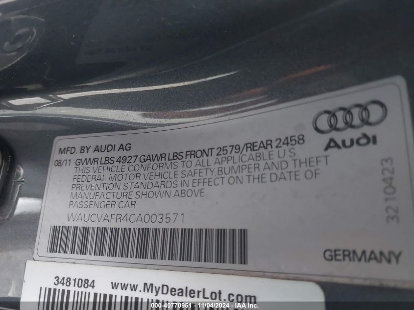 2012 Audi S5 4.2 Premium Plus VIN: WAUCVAFR4CA003571 Lot: 40770951