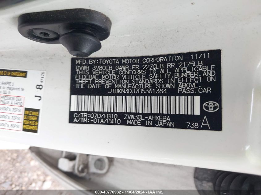 2011 Toyota Prius Two VIN: JTDKN3DU7B5361384 Lot: 40770982