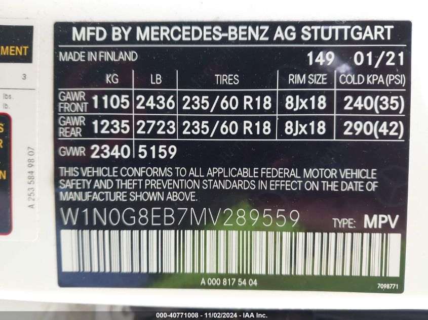 2021 Mercedes-Benz Glc 300 4Matic Suv VIN: W1N0G8EB7MV289559 Lot: 40771008