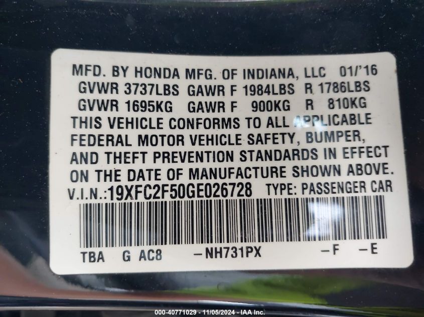 2016 Honda Civic Lx VIN: 19XFC2F50GE026728 Lot: 40771029