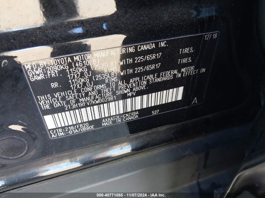 VIN 2T3H1RFV7KW002981 2019 TOYOTA RAV4 LE