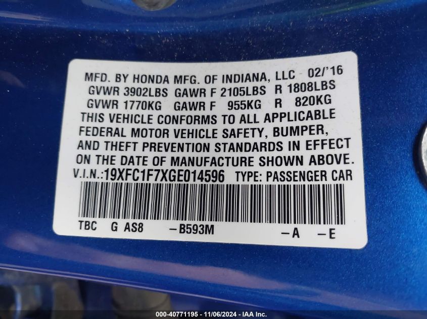 VIN 19XFC1F7XGE014596 2016 Honda Civic, Ex-L no.9