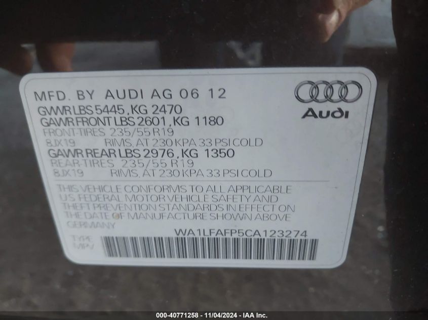 2012 Audi Q5 2.0T Premium VIN: WA1LFAFP5CA123274 Lot: 40771258