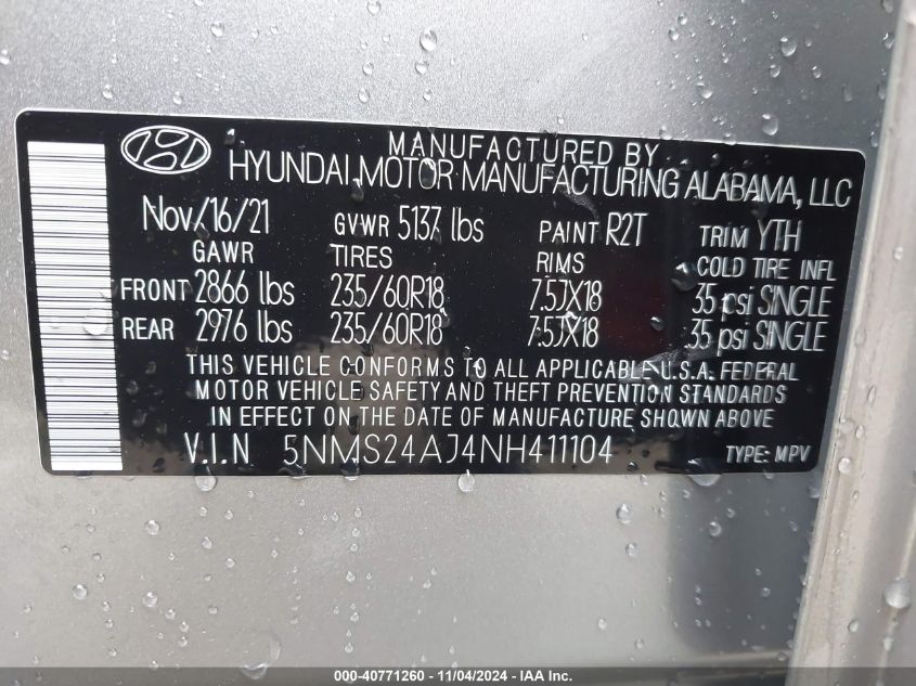 2022 Hyundai Santa Fe Sel VIN: 5NMS24AJ4NH411104 Lot: 40771260