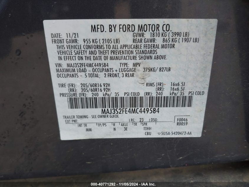 2021 Ford Ecosport S VIN: MAJ3S2FE4MC449584 Lot: 40771292