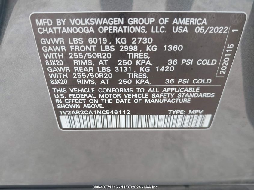 2022 Volkswagen Atlas 3.6L V6 Sel R-Line VIN: 1V2AR2CA1NC546112 Lot: 40771316