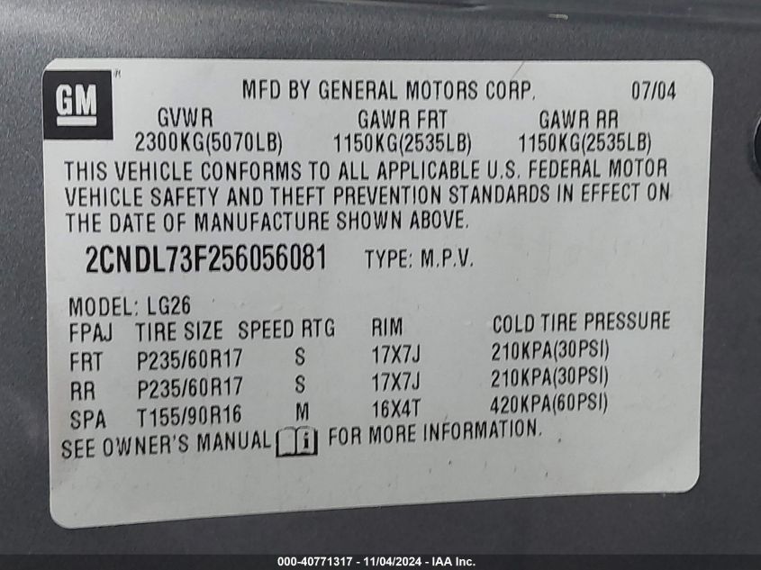 2005 Chevrolet Equinox Lt VIN: 2CNDL73F256056081 Lot: 40771317