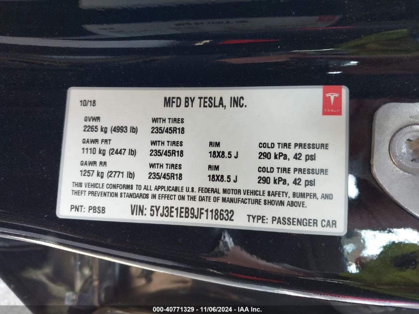 2018 Tesla Model 3 Long Range/Performance VIN: 5YJ3E1EB9JF118632 Lot: 40771329