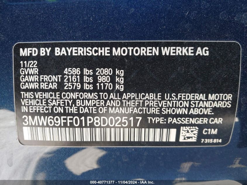 2023 BMW 330I VIN: 3MW69FF01P8D02517 Lot: 40771377