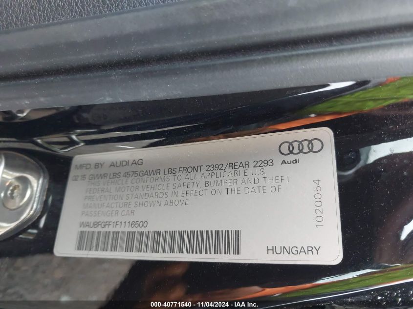 2015 Audi A3 2.0T Premium VIN: WAUBFGFF1F1116500 Lot: 40771540