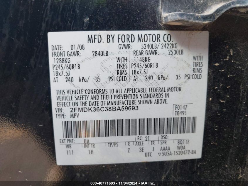 2008 Ford Edge Se VIN: 2FMDK36C38BA59693 Lot: 40771603