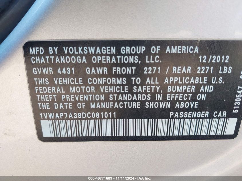 2013 VOLKSWAGEN PASSAT 2.5L S - 1VWAP7A38DC081011
