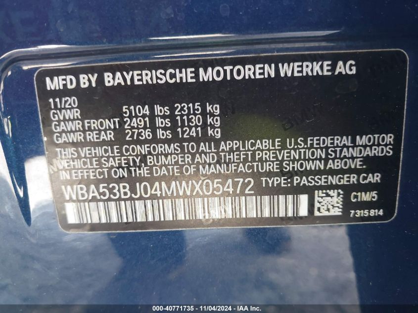 VIN WBA53BJ04MWX05472 2021 BMW 5 Series, 540I no.9