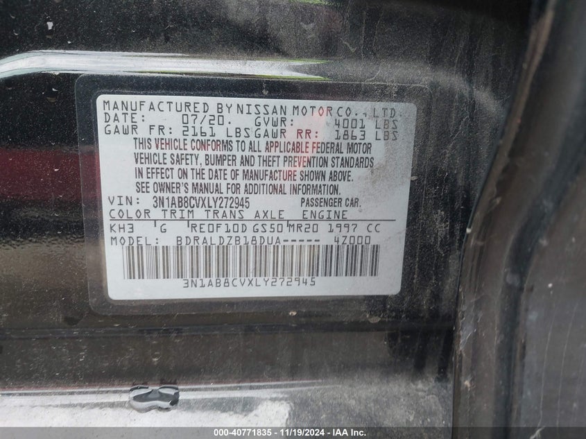 2020 NISSAN SENTRA VIN: 3N1AB8CVXLY272945