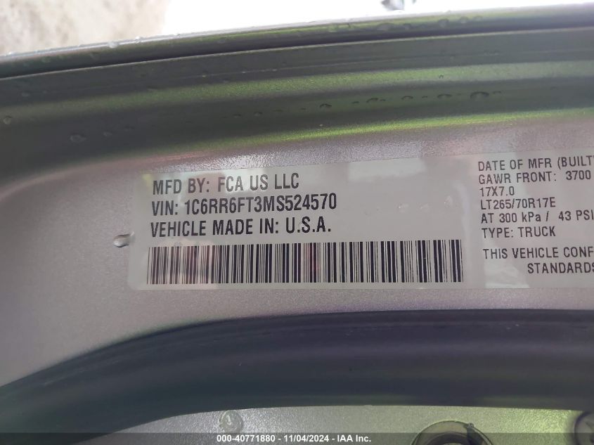 2021 RAM 1500 CLASSIC VIN: 1C6RR6FT3MS524570
