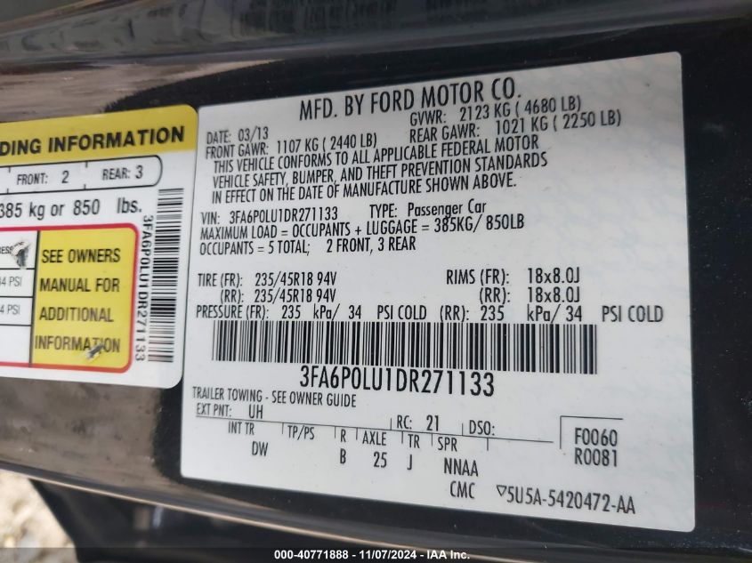 2013 Ford Fusion Hybrid Se VIN: 3FA6P0LU1DR271133 Lot: 40771888