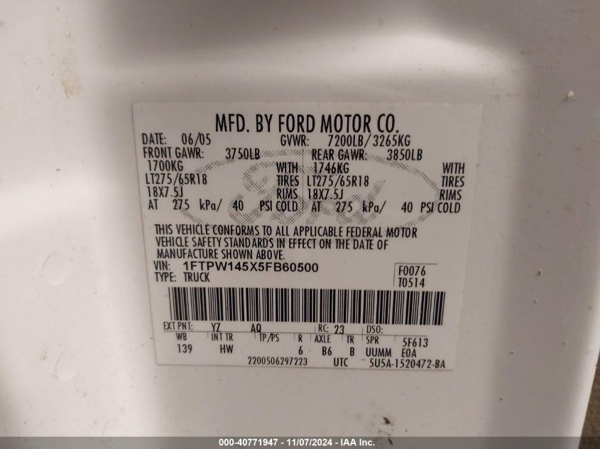 2005 Ford F-150 Fx4/Lariat/Xlt VIN: 1FTPW145X5FB60500 Lot: 40771947
