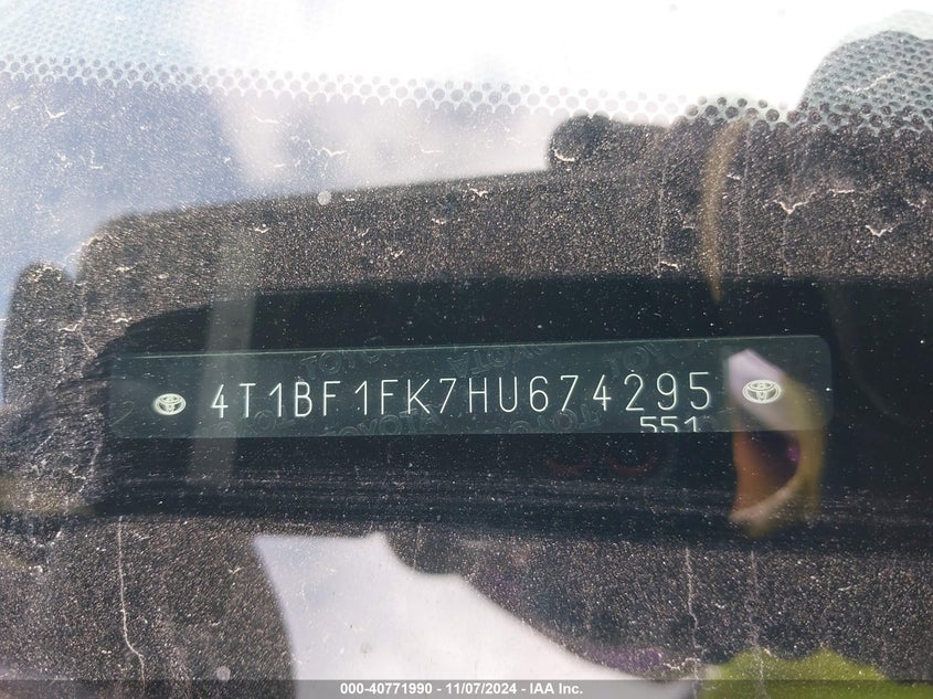2017 TOYOTA CAMRY VIN: 4T1BF1FK7HU674295