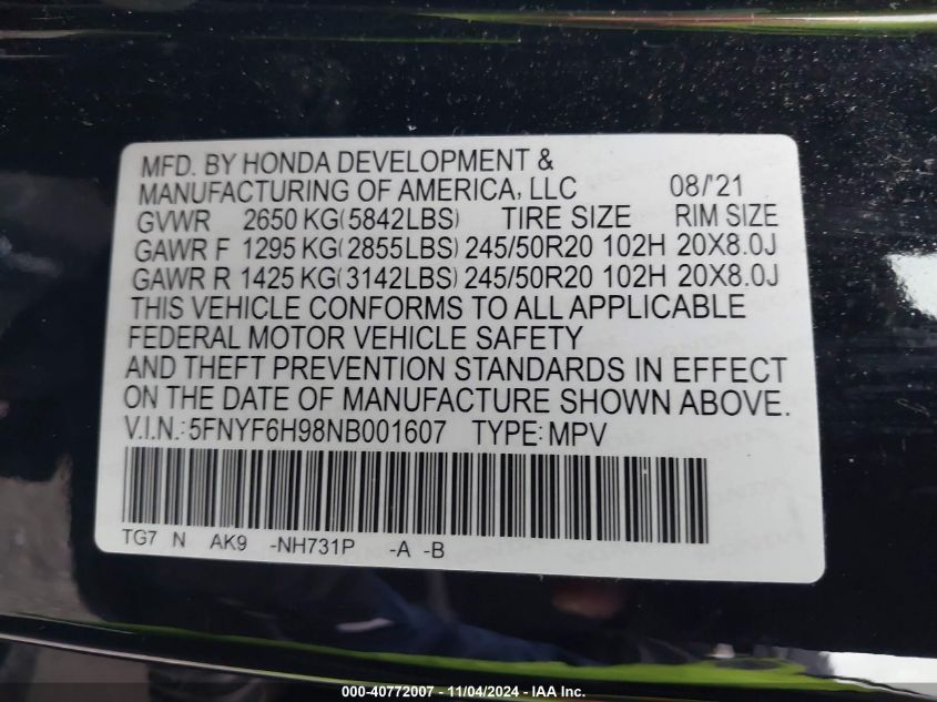 2022 Honda Pilot Awd Touring 8 Passenger VIN: 5FNYF6H98NB001607 Lot: 40772007