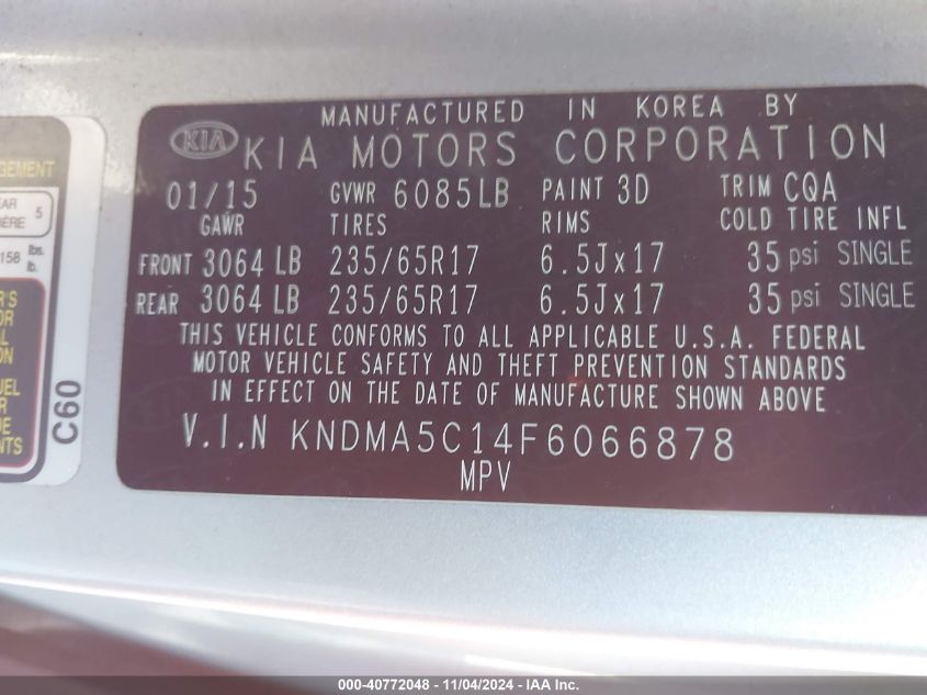 2015 Kia Sedona L VIN: KNDMA5C14F6066878 Lot: 40772048