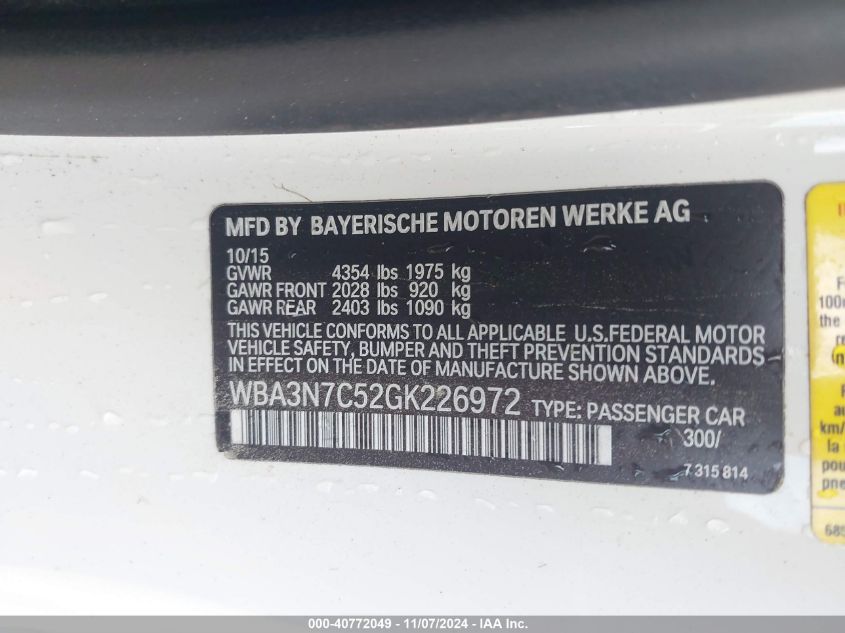 2016 BMW 428I VIN: WBA3N7C52GK226972 Lot: 40772049