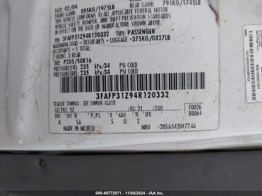 2004 Ford Focus VIN: 3FAFC31Z94R120332 Lot: 40772071