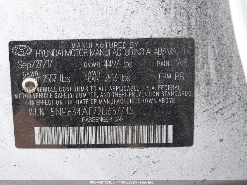 VIN 5NPE34AF7JH657745 2018 HYUNDAI SONATA SEL