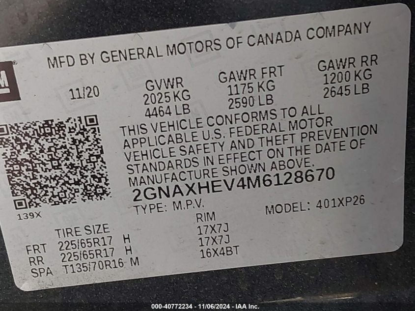 2021 Chevrolet Equinox Fwd Ls VIN: 2GNAXHEV4M6128670 Lot: 40772234