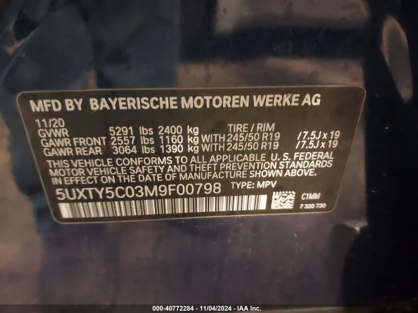 2021 BMW X3 xDrive30I VIN: 5UXTY5C03M9F00798 Lot: 40772284