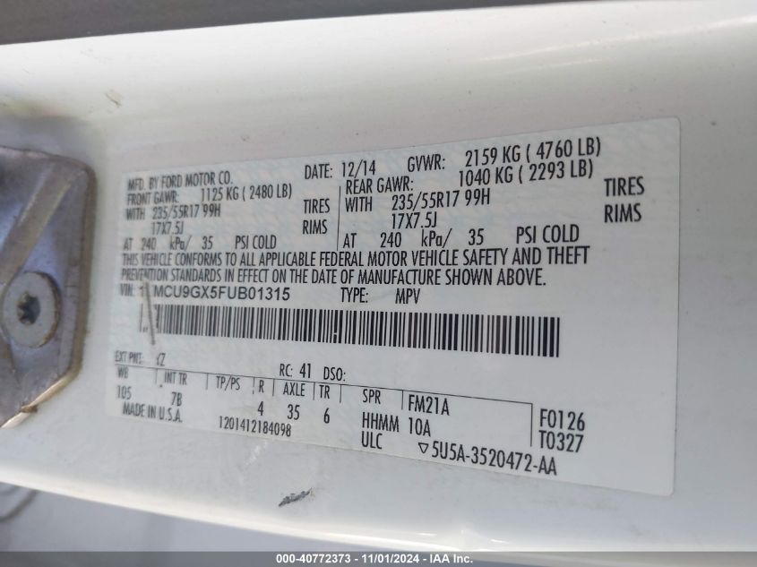 2015 Ford Escape Se VIN: 1FMCU9GX5FUB01315 Lot: 40772373