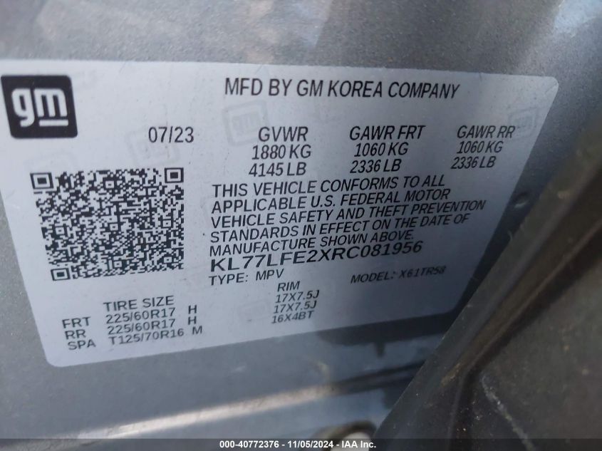 VIN KL77LFE2XRC081956 2024 Chevrolet Trax, Fwd Sp no.9