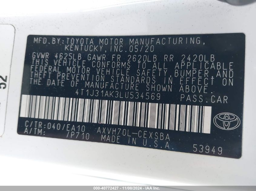 VIN 4T1J31AK3LU534569 2020 Toyota Camry, Se Hybrid no.9