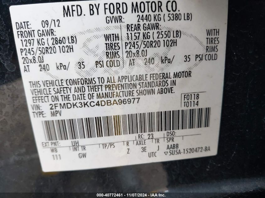 2013 Ford Edge Limited VIN: 2FMDK3KC4DBA96977 Lot: 40772461