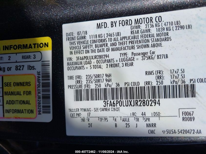 2018 FORD FUSION HYBRID SE - 3FA6P0LUXJR280294