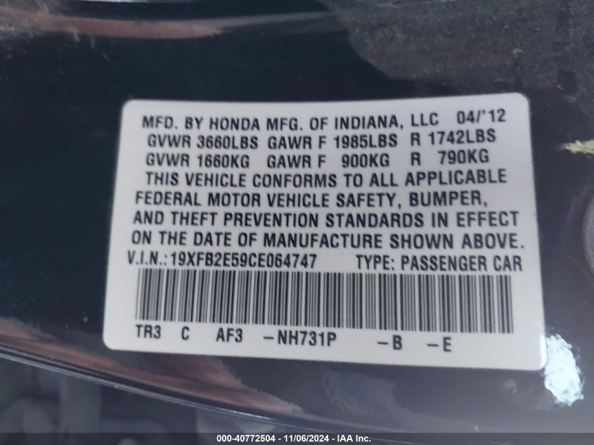 2012 Honda Civic Lx VIN: 19XFB2E59CE064747 Lot: 40772504