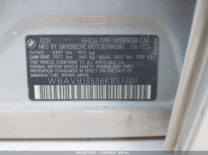 2006 BMW 325I VIN: WBAVB13536KR57701 Lot: 40772637