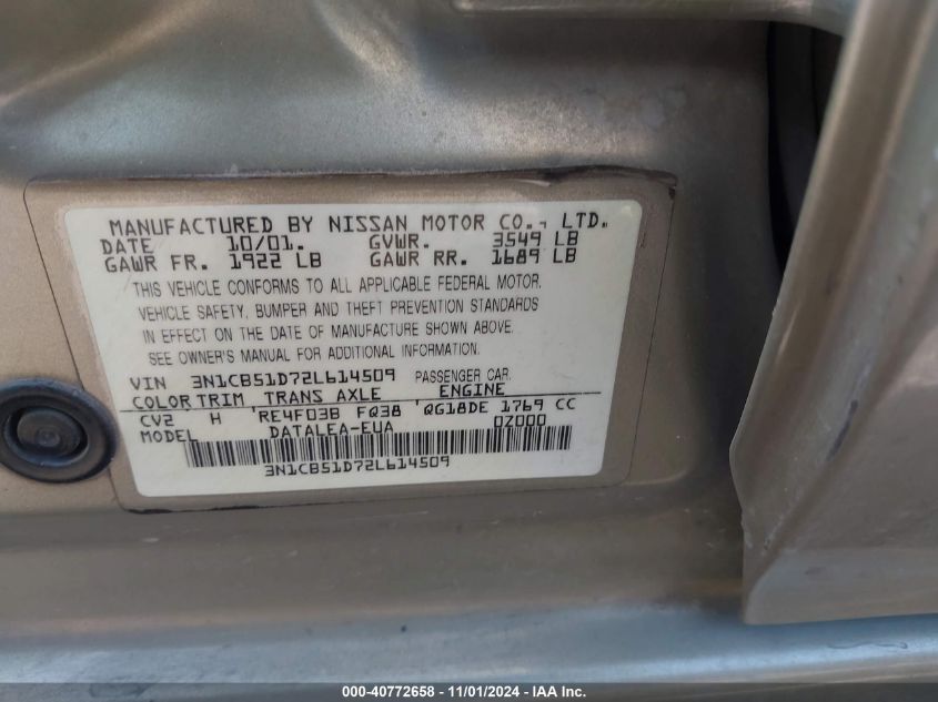 2002 Nissan Sentra Gxe VIN: 3N1CB51D72L614509 Lot: 40772658