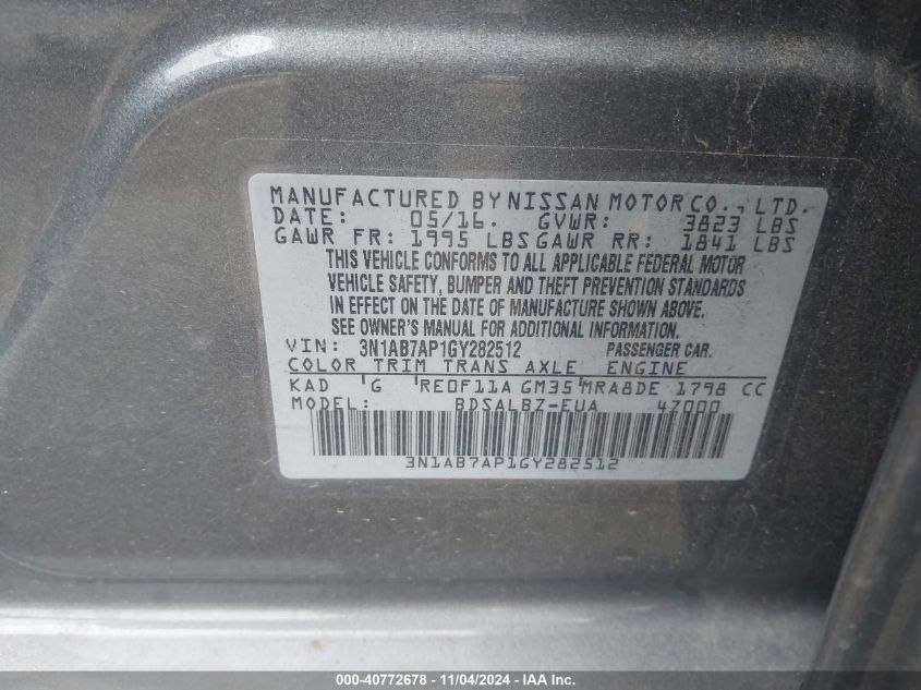 2016 NISSAN SENTRA VIN: 3N1AB7AP1GY282512