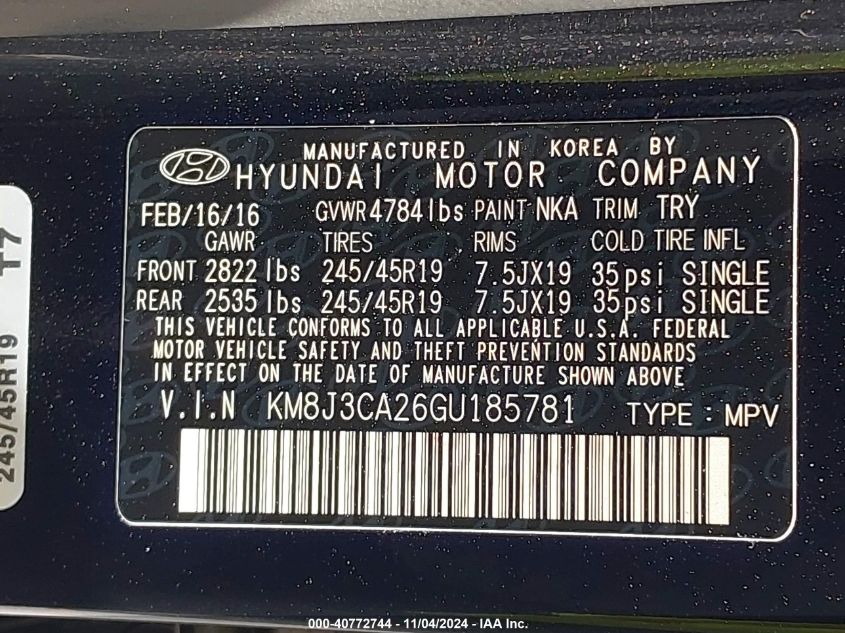 2016 Hyundai Tucson Limited/Sport And Eco/Se VIN: KM8J3CA26GU185781 Lot: 40772744