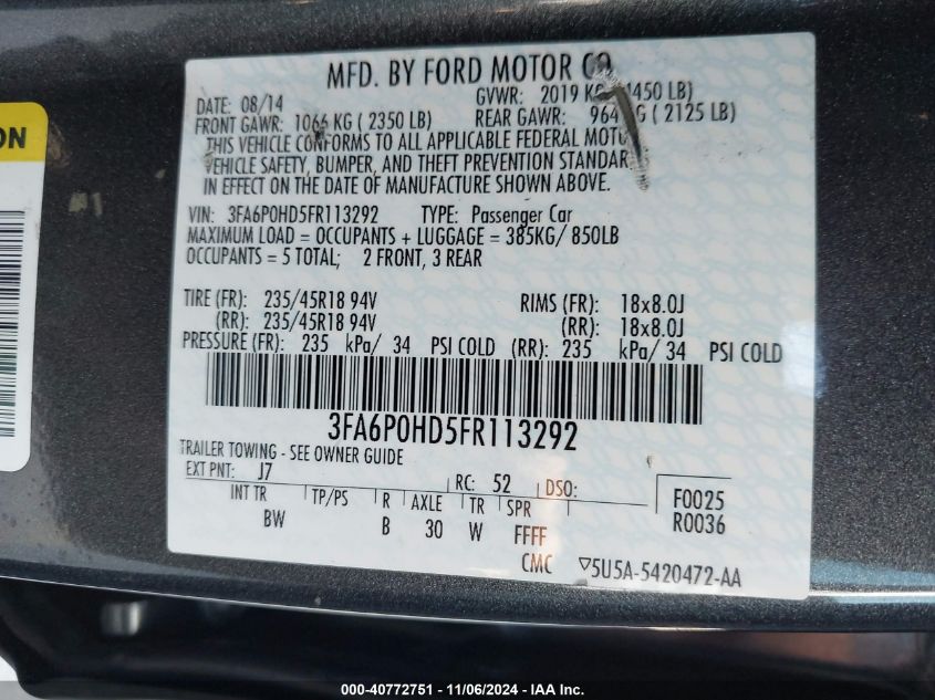 2015 Ford Fusion Se VIN: 3FA6P0HD5FR113292 Lot: 40772751