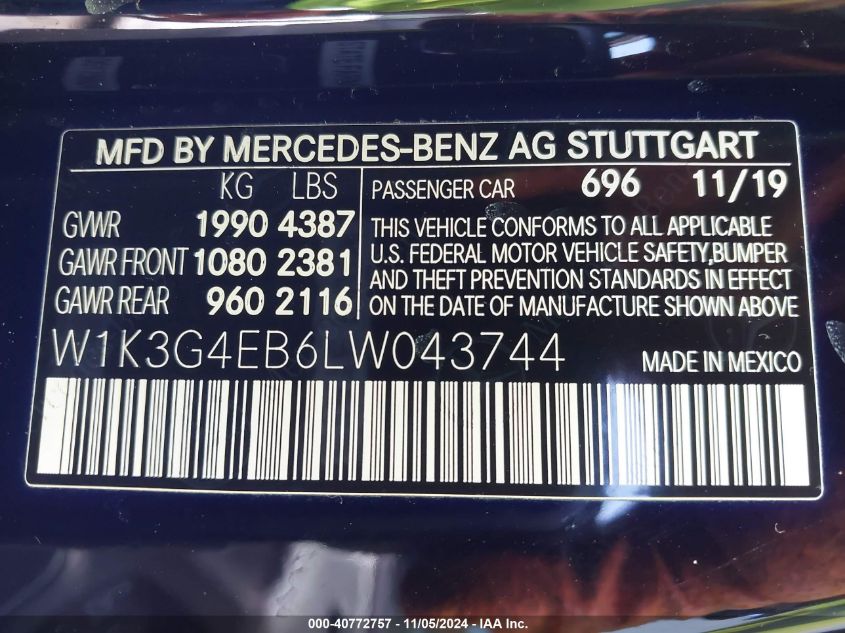 2020 Mercedes-Benz A 220 VIN: W1K3G4EB6LW043744 Lot: 40772757