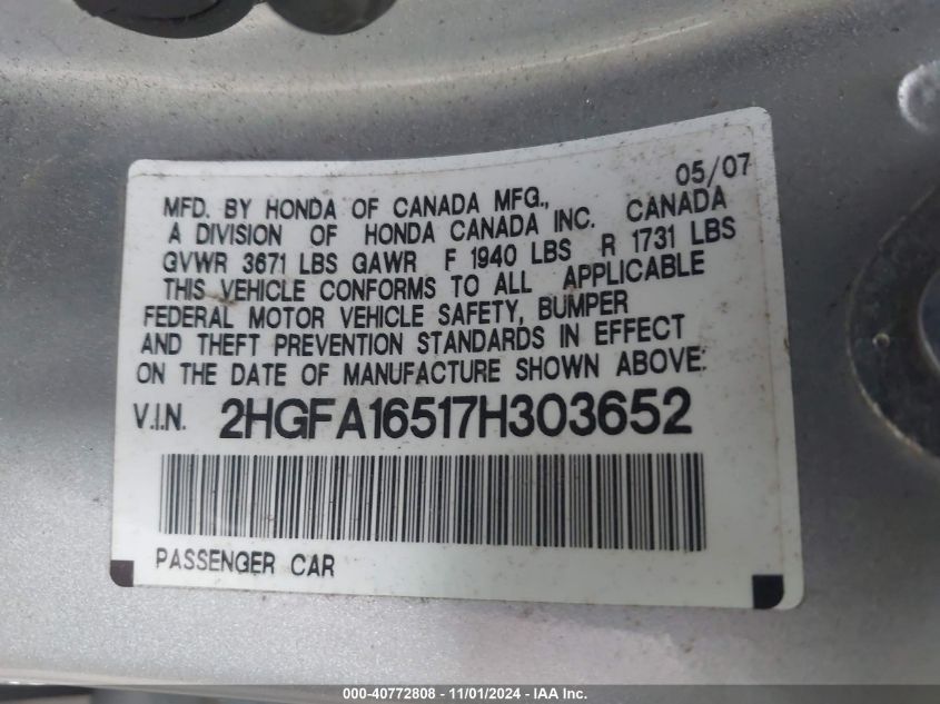 2007 Honda Civic Lx VIN: 2HGFA16517H303652 Lot: 40772808