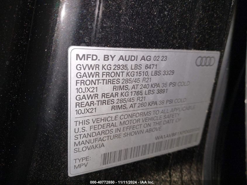 2023 Audi Q8 Premium VIN: WA1AVBF1XPD023123 Lot: 40772850