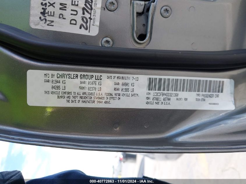 2013 Dodge Dart Sxt VIN: 1C3CDFBA4DD321360 Lot: 40772863