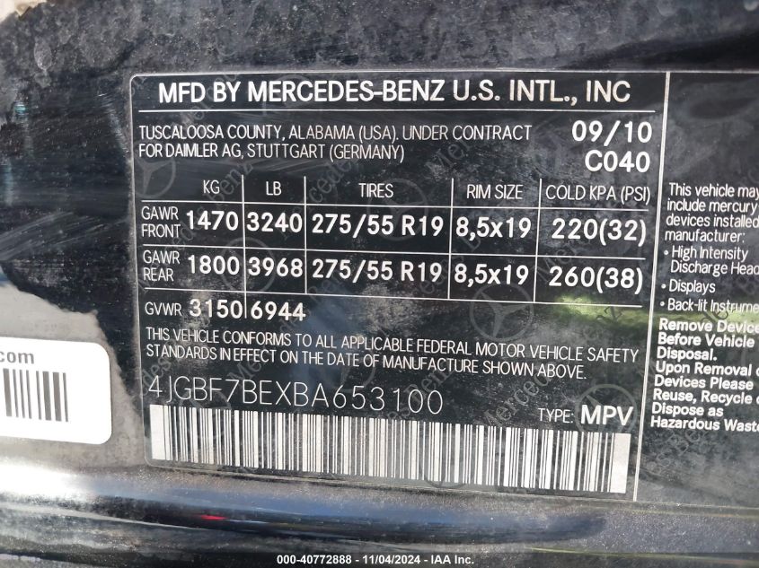 2011 Mercedes-Benz Gl 450 4Matic VIN: 4JGBF7BEXBA653100 Lot: 40772888