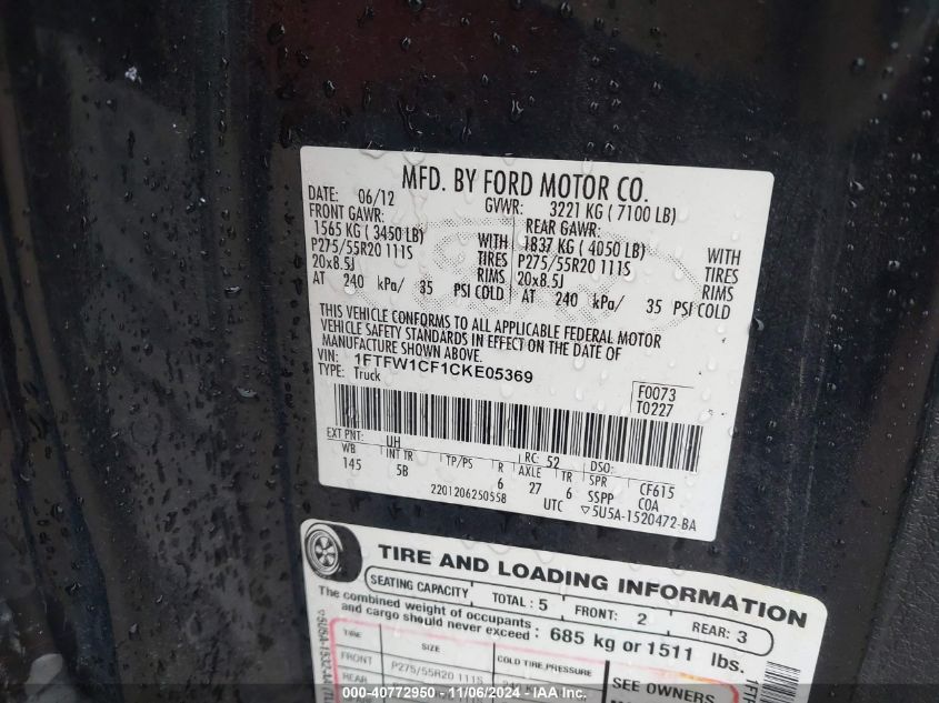 2012 Ford F-150 Fx2 VIN: 1FTFW1CF1CKE05369 Lot: 40772950