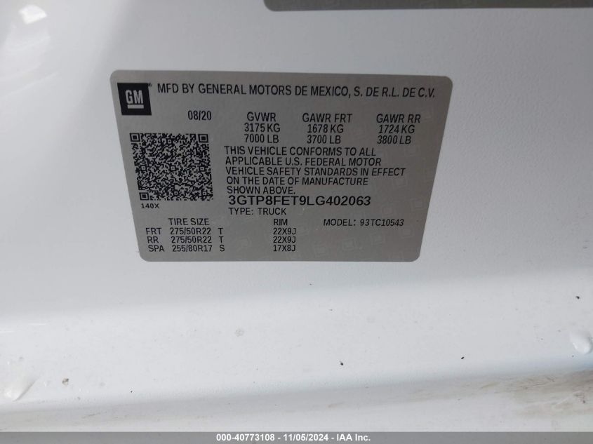 2020 GMC Sierra 1500 2Wd Short Box Denali VIN: 3GTP8FET9LG402063 Lot: 40773108